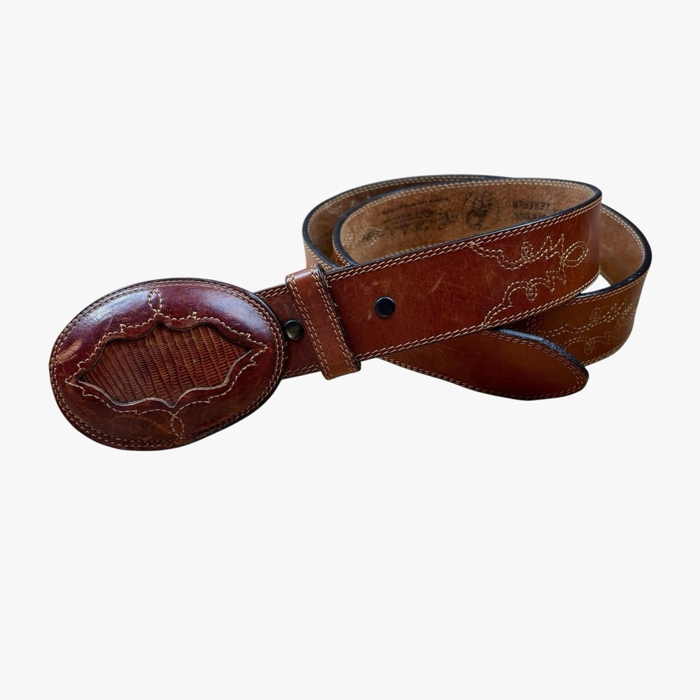 Vintage Larry Mahan Western Brown Leather Belt Lizard Inlay Buckle Cowboy Sz 36